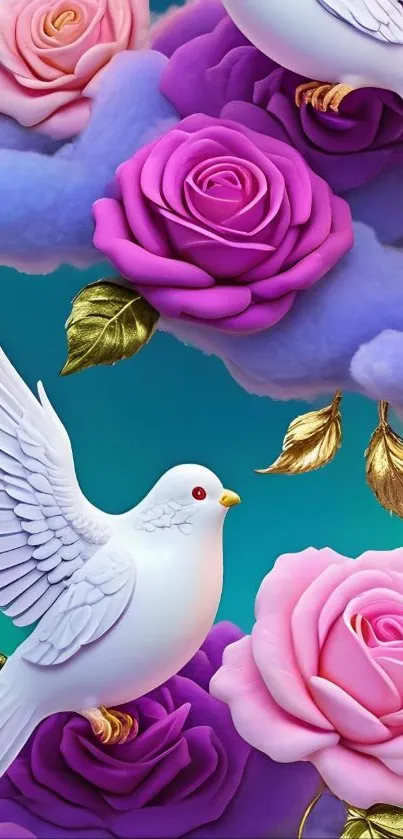 White doves and vibrant roses against colorful cloudy background.