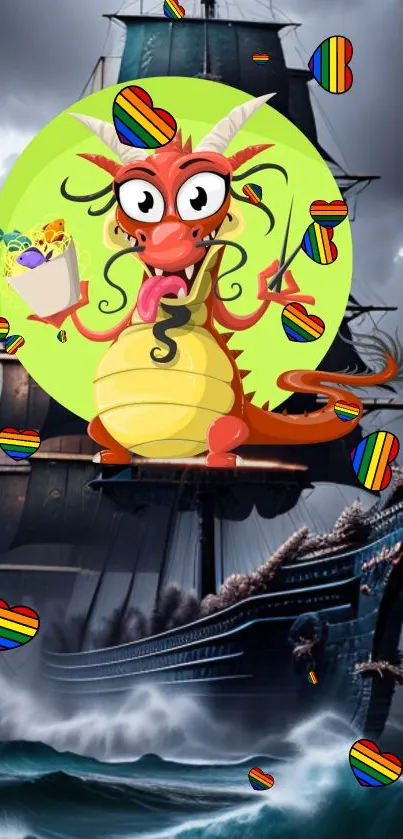 Colorful dragon with rainbow hearts on pirate ship background.