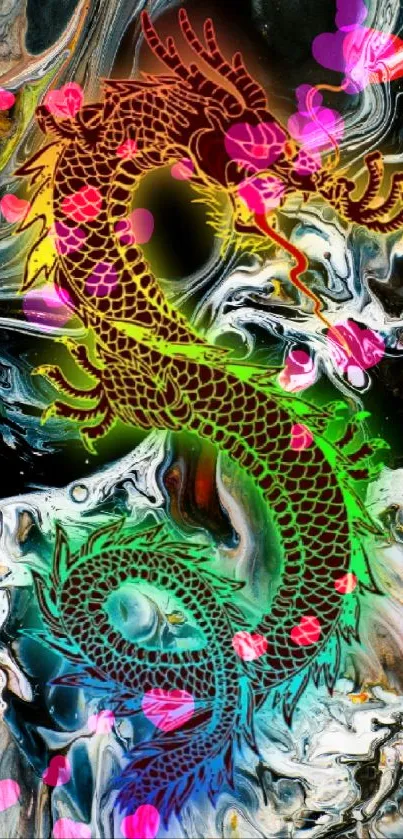 Colorful dragon illustration on abstract background.