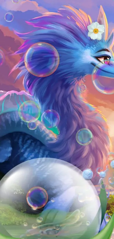 Colorful dragon with bubbles at sunset.