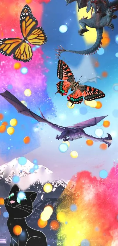 Colorful artwork with dragons, butterflies, and vibrant pink hues.