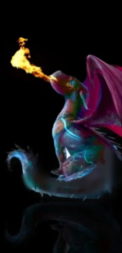 Colorful dragon breathing fire on black background mobile wallpaper.