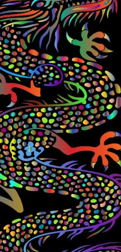 Colorful dragon with vibrant scales on a black background, ideal for phones.