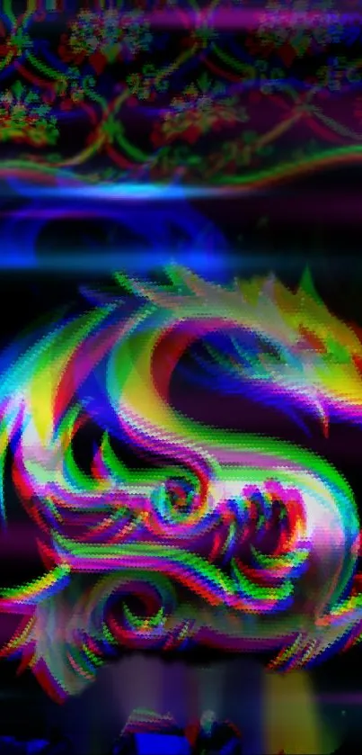 Colorful dragon with glitch art effect on black background.