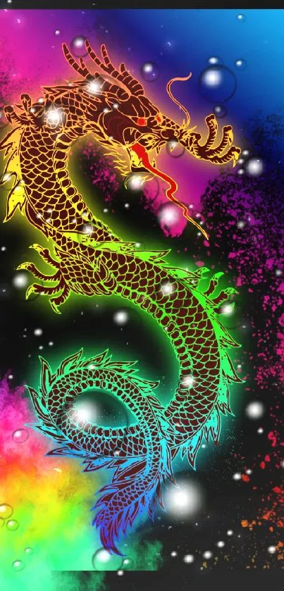 Colorful dragon artwork with vibrant abstract background.