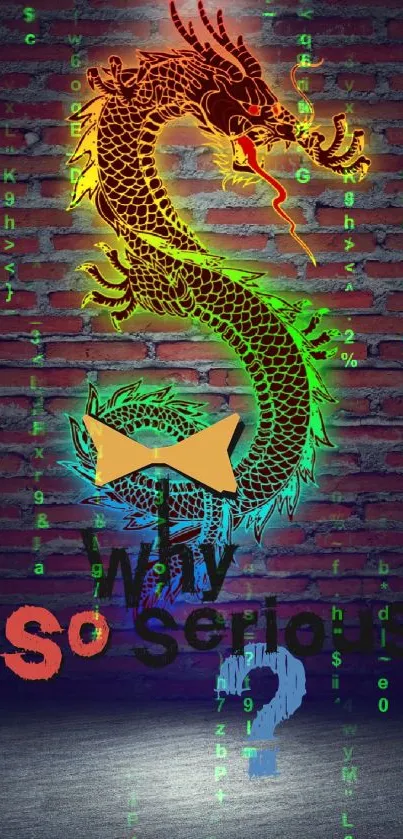 Colorful dragon art on brick wall with neon and text accents.