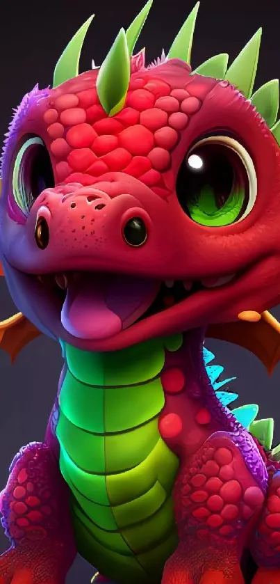 Vibrant cartoon dragon with bright pink and green hues.