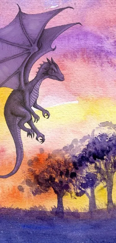 Purple dragon flying over sunset landscape in watercolor art.