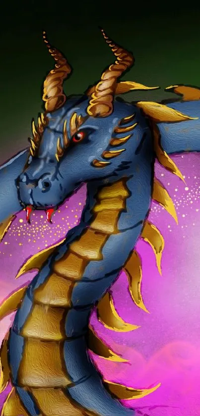 Vibrant blue dragon with golden details on a colorful background.