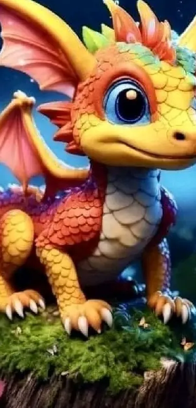 Cute cartoon dragon with colorful scales on a blue background.