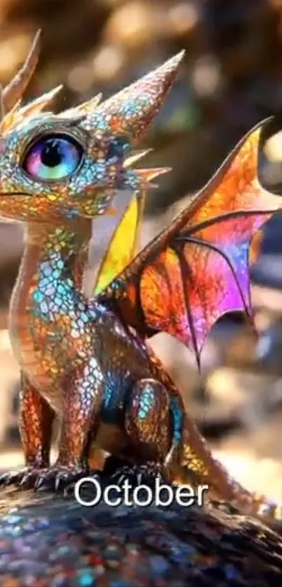 Colorful dragon with iridescent scales sits majestically in fantasy setting.