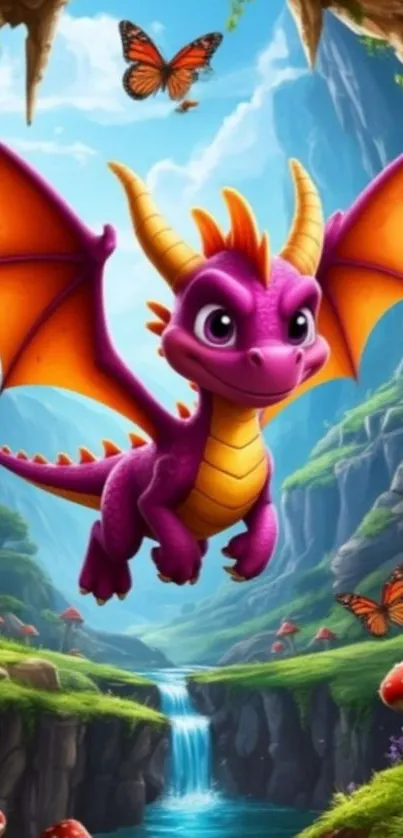 Vibrant dragon flying in a magical landscape with butterflies and waterfalls.