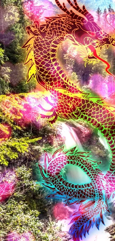 Colorful dragon on a lush forest background.