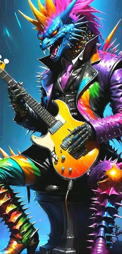 Colorful dragon rockstar playing electric guitar in vibrant fantasy art.