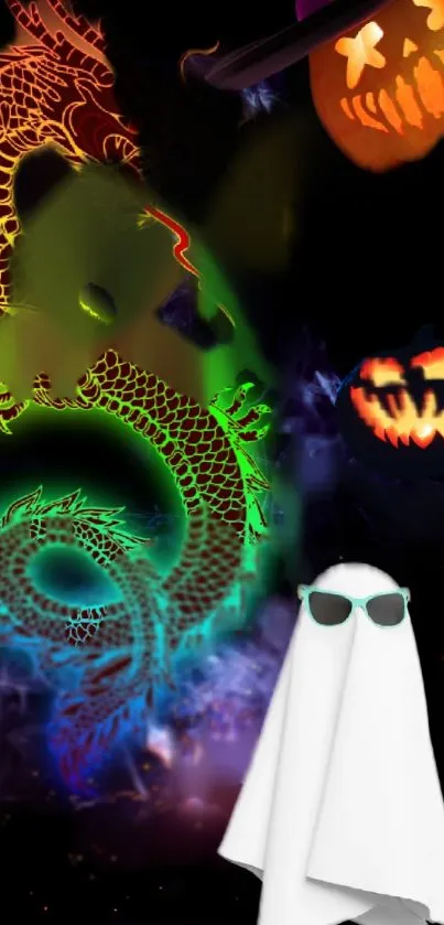 Halloween wallpaper with neon dragon, pumpkins, and ghost.