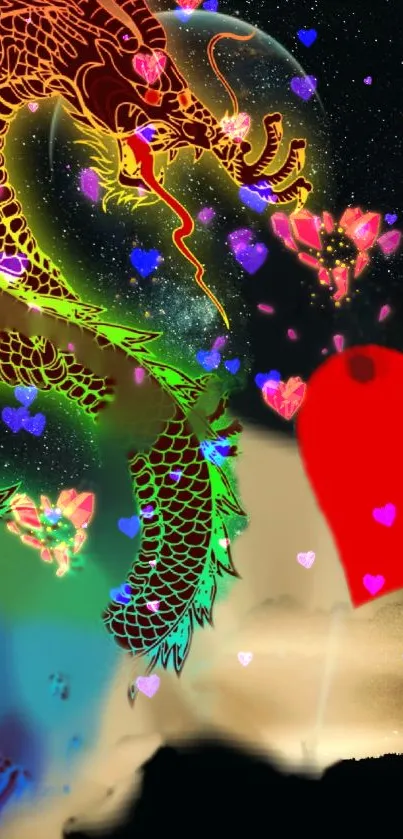 Vibrant dragon and heart wallpaper with colorful cosmic elements.