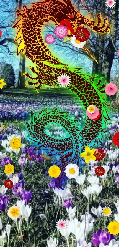 Colorful dragon with flowers in a vibrant field.