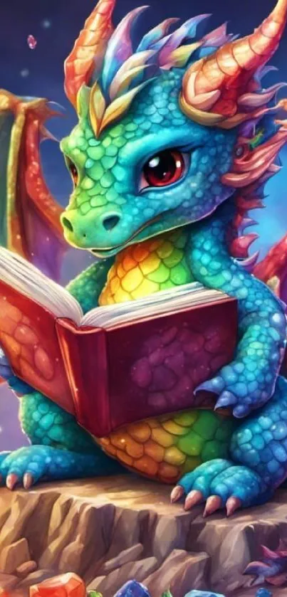 Colorful dragon reading a book amidst gems and vibrant wings.
