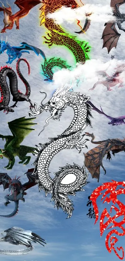 Vivid dragons soar across a clear sky.