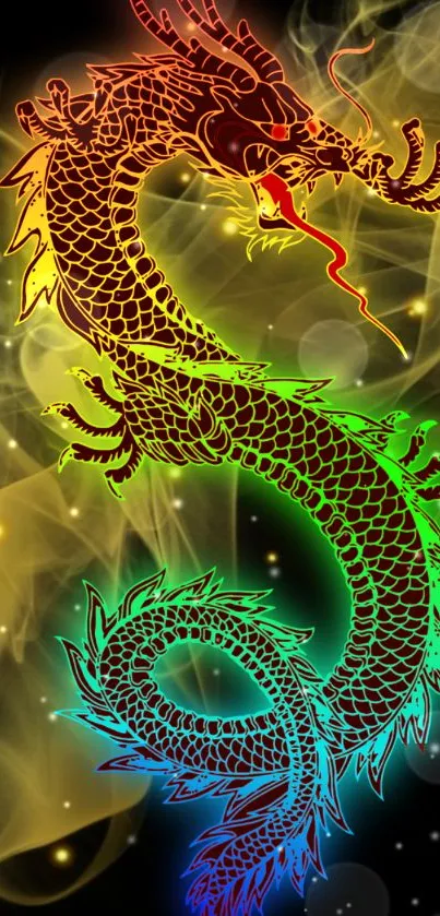 Colorful dragon with smoke on black background wallpaper.