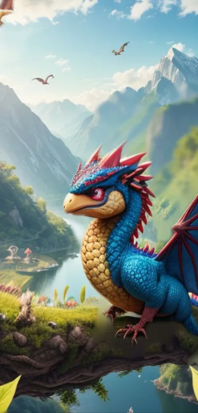 Colorful dragon in a lush valley with mountains and bright foliage.