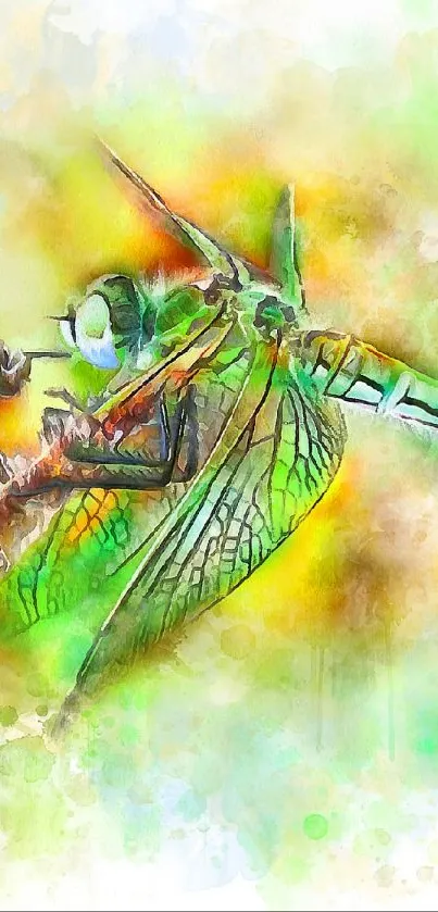 Artistic dragonfly with colorful splashes on phone wallpaper.