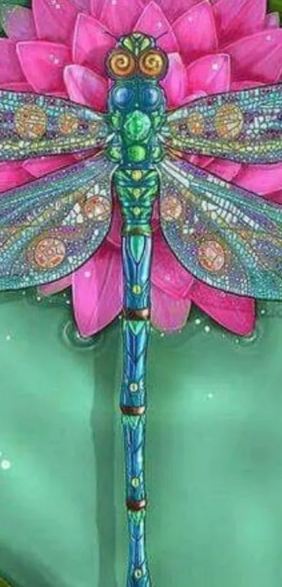 Colorful dragonfly with artistic wings on a teal background.