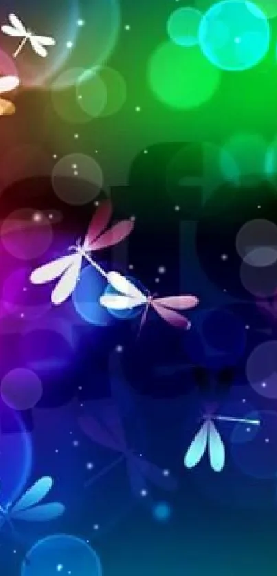 Vibrant dragonfly wallpaper with colorful bokeh effects.