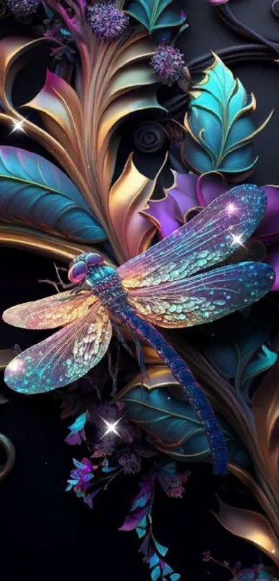 Iridescent dragonfly on floral fantasy background.