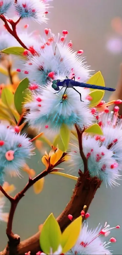 Dragonfly resting on pastel blue flowers, vibrant spring scene.