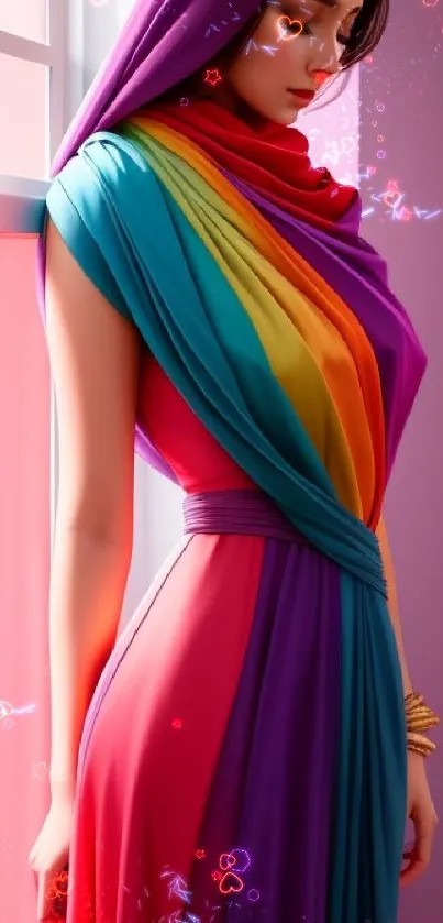 Woman in colorful draped dress by window, vibrant artistic mobile wallpaper.