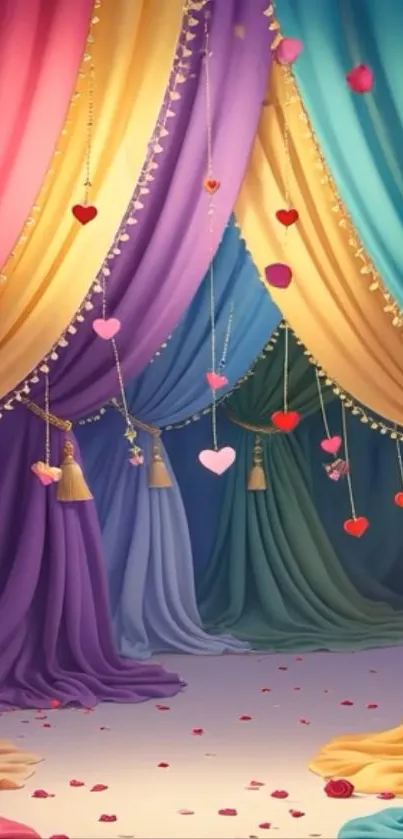 Colorful drapes with hanging hearts.