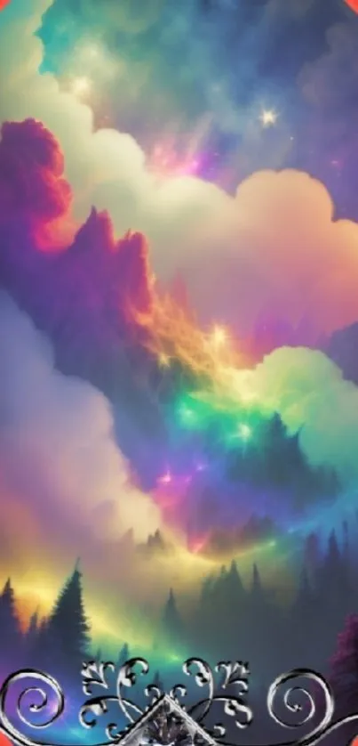 Colorful sky with clouds and stars wallpaper.