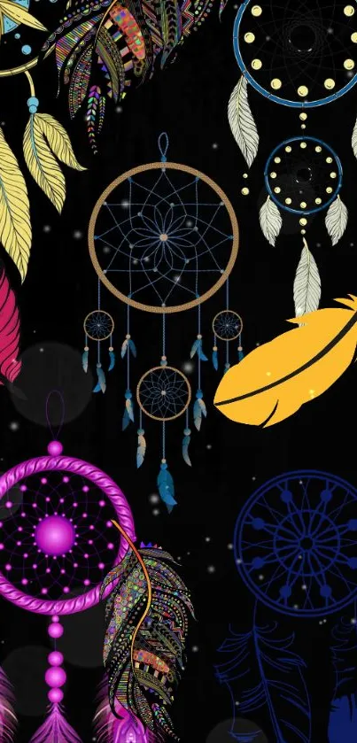 Vibrant dreamcatchers with colorful feathers on black background.