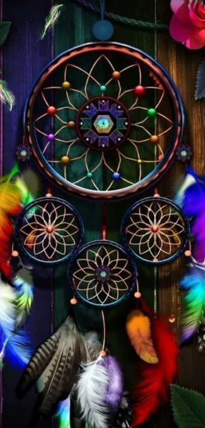 A colorful dreamcatcher with vibrant feathers on a dark background.
