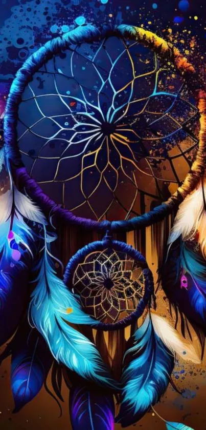 Colorful dreamcatcher with feathers on cosmic background.