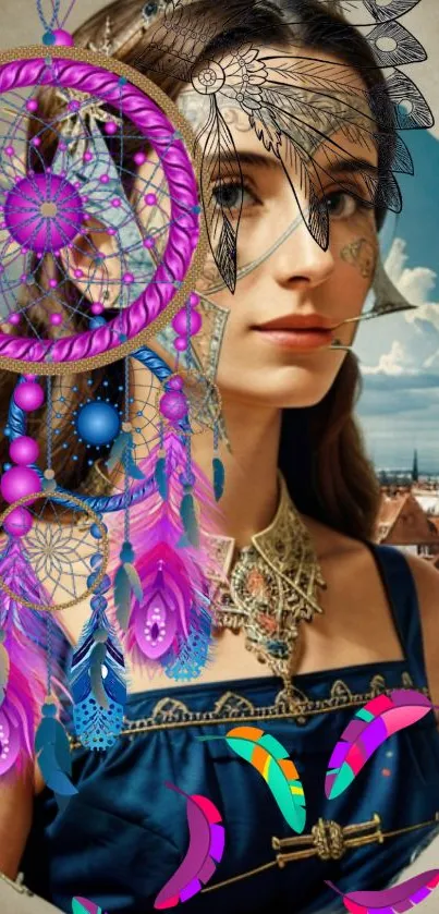 Vibrant dreamcatcher art with a cityscape background.