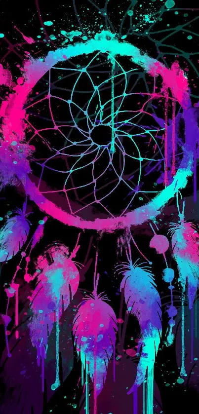 Neon dreamcatcher with colorful feathers and artistic splashes on a dark background.