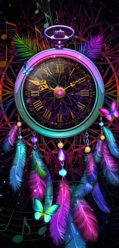 Colorful dreamcatcher clock with feathers and musical notes.