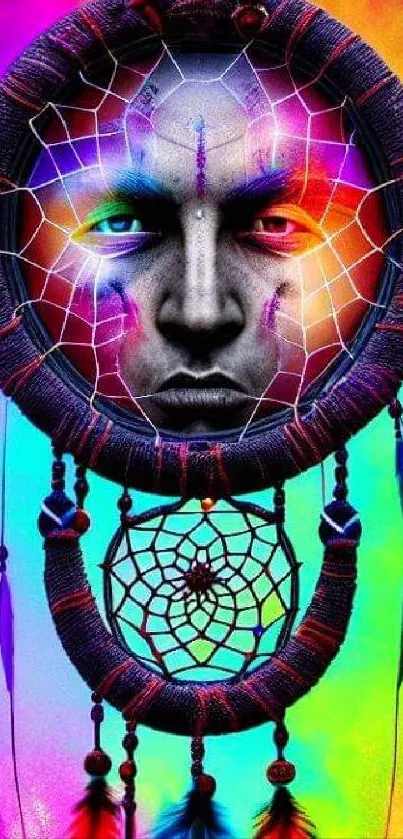 Colorful tribal face dreamcatcher mobile wallpaper in vivid hues.