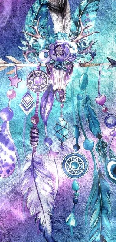 Dreamcatcher art with colorful feathers on a blue and purple background.