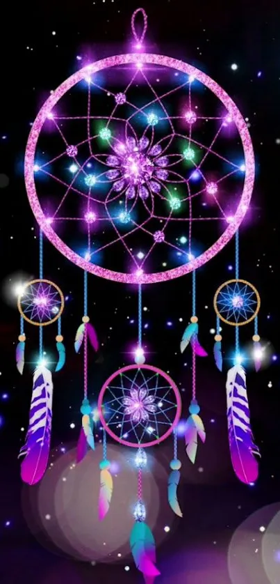 Vibrant dreamcatcher with feathers on a galaxy background.