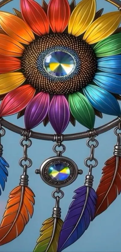 Colorful dreamcatcher with floral design and feathers.