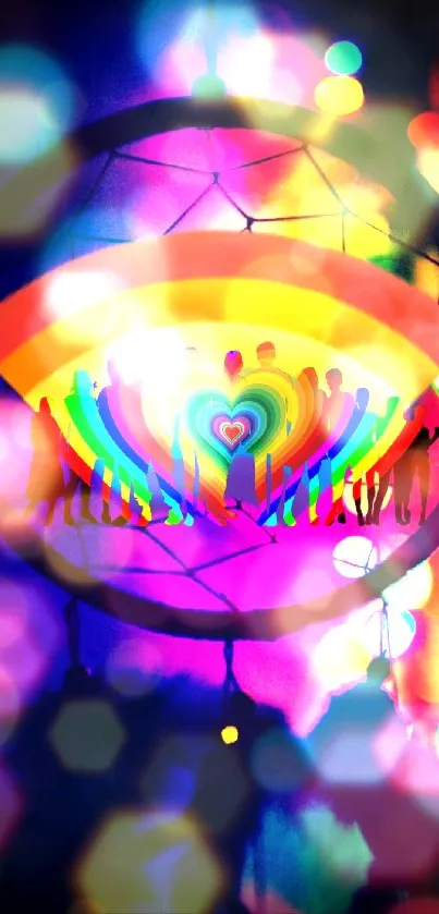 Dreamcatcher silhouette with rainbow colors and hearts on a vivid background.