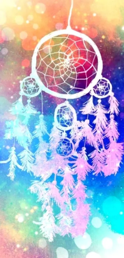 Vibrant dreamcatcher with rainbow colors on mobile wallpaper.