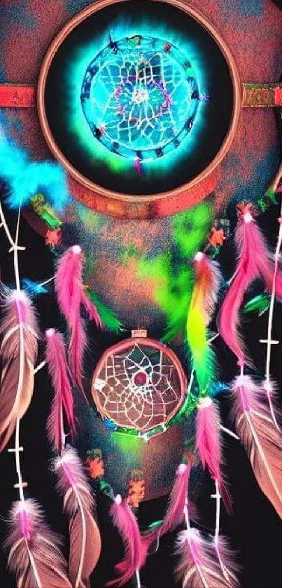 Colorful dreamcatcher with feathers on a black background.