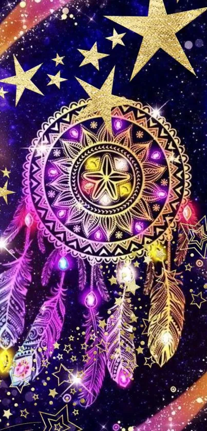 Vibrant dreamcatcher with stars on a cosmic purple background.