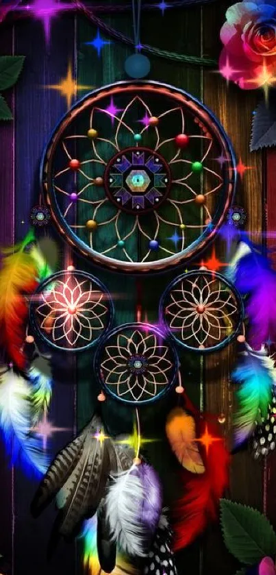 Vibrant dreamcatcher with colorful feathers and roses on a dark background.