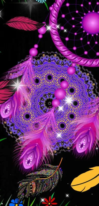 Colorful dreamcatcher wallpaper with vibrant purple and pink feathers.