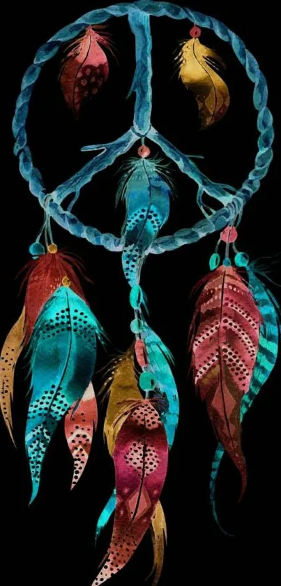 Colorful dreamcatcher with feathers on a black background.